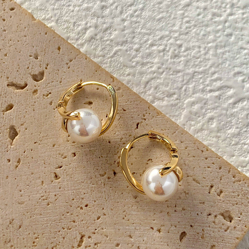 Twin Pearl Drop earrings gold front view