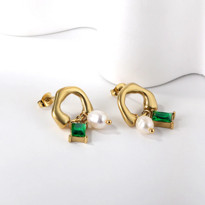 Sculpted Gold Emerald & Pearl Drops