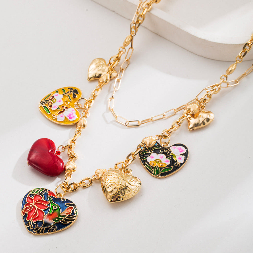 Multi layered heart charm necklace