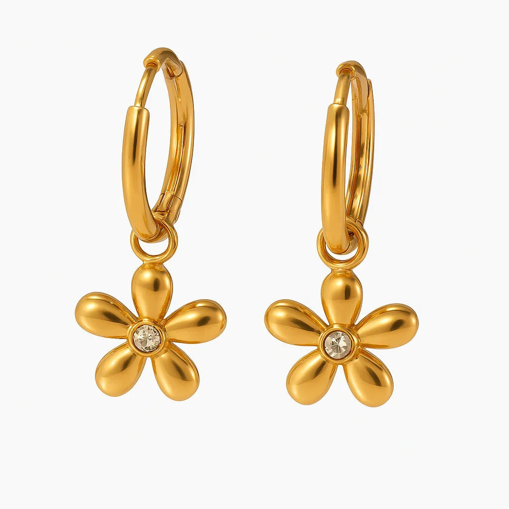 Gold Flower Huggies Earrings Close-Up