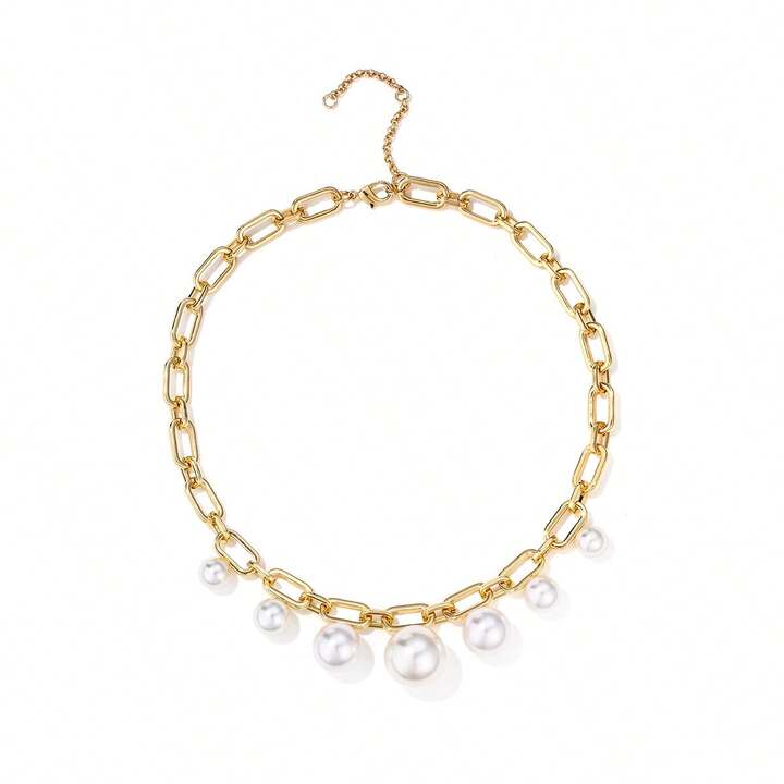 Golden Links and Pearls Necklace Classic View – Modern Gold Chain with Pearls