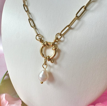 Link Pearl Drop Necklace Front View – Modern Gold Chain with Pearl Pendant