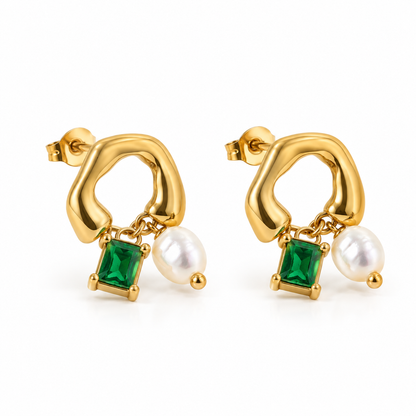 Sculpted Gold Emerald & Pearl Drops