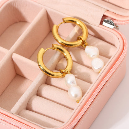 Twin Pearl Drop earrings gold front view